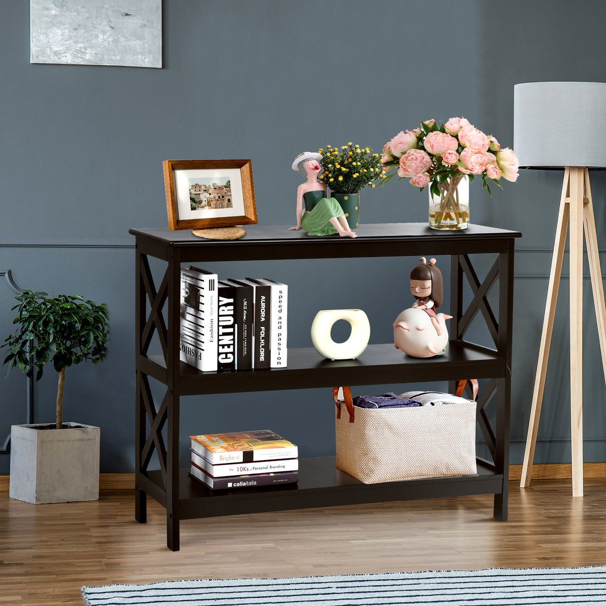 Mesa auxiliar decorativa de sofá con diseño en X y 3 niveles