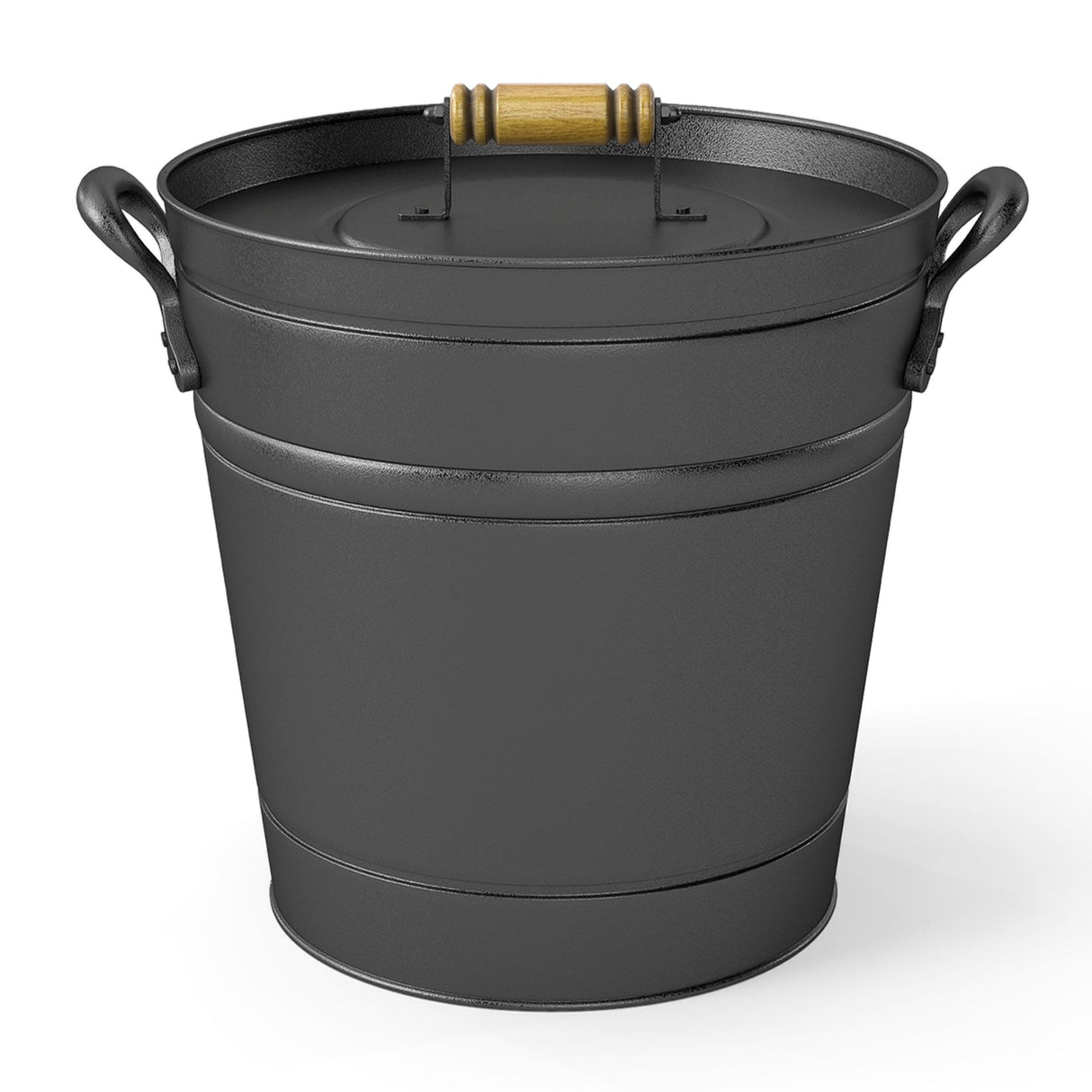 Cubo de metal para cenizas de carbón de 11 litros con tapa de madera y asas laterales para chimeneas y fogatas