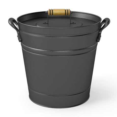 Cubo de metal para cenizas de carbón de 11 litros con tapa de madera y asas laterales para chimeneas y fogatas