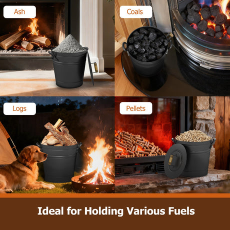 Cubo de metal para cenizas de carbón de 11 litros con tapa de madera y asas laterales para chimeneas y fogatas
