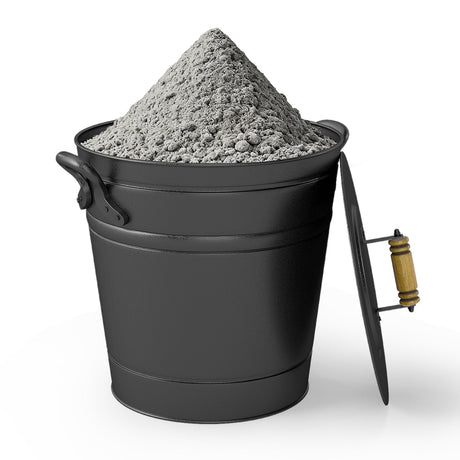 Cubo de metal para cenizas de carbón de 11 litros con tapa de madera y asas laterales para chimeneas y fogatas