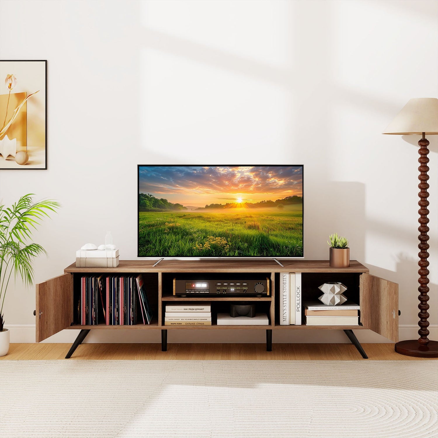 Mueble de TV de 2 puertas para televisores de hasta 65 pulgadas con estantes abiertos - Roble