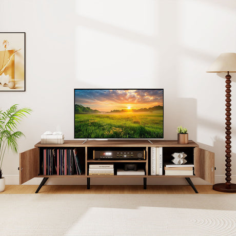 Mueble de TV de 2 puertas para televisores de hasta 65 pulgadas con estantes abiertos - Roble