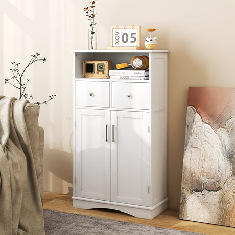 Mueble de baño de suelo independiente de 2 puertas con 2 cajones y estantes ajustables - Blanco