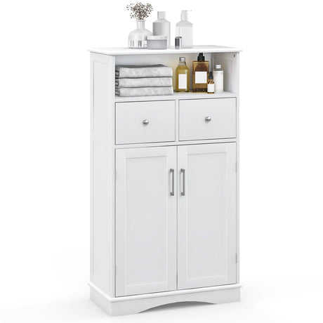 Mueble de baño de suelo independiente de 2 puertas con 2 cajones y estantes ajustables - Blanco