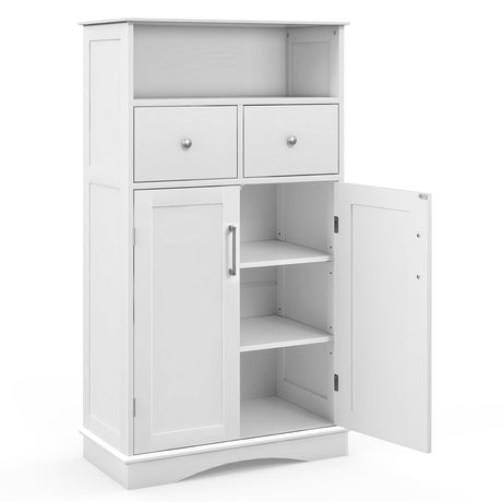 Mueble de baño de suelo independiente de 2 puertas con 2 cajones y estantes ajustables - Blanco
