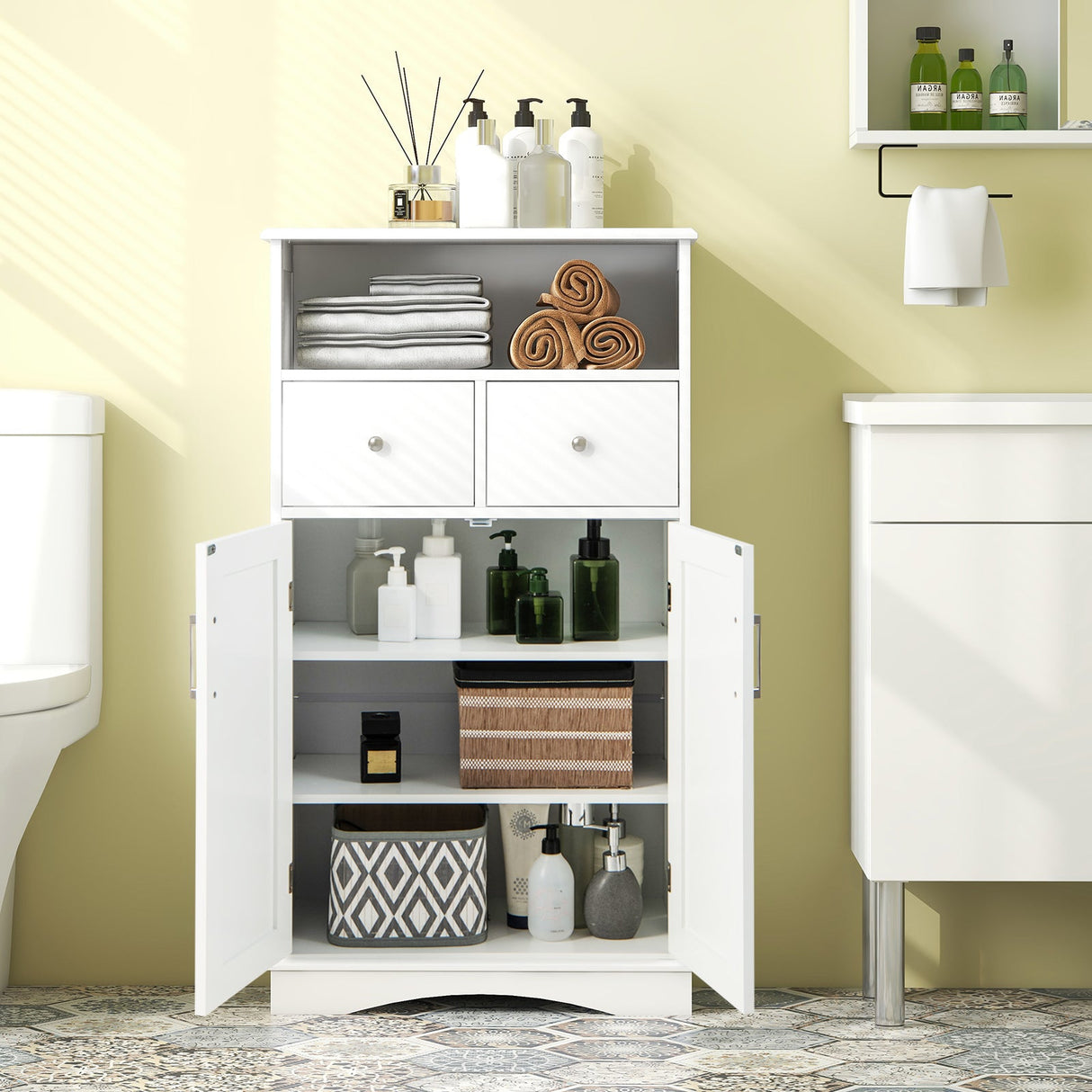 Mueble de baño de suelo independiente de 2 puertas con 2 cajones y estantes ajustables - Blanco