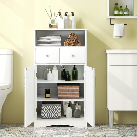 Mueble de baño de suelo independiente de 2 puertas con 2 cajones y estantes ajustables - Blanco