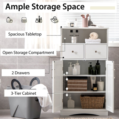 Mueble de baño de suelo independiente de 2 puertas con 2 cajones y estantes ajustables - Blanco