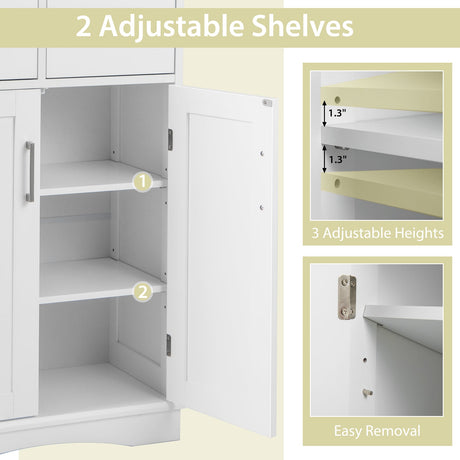 Mueble de baño de suelo independiente de 2 puertas con 2 cajones y estantes ajustables - Blanco