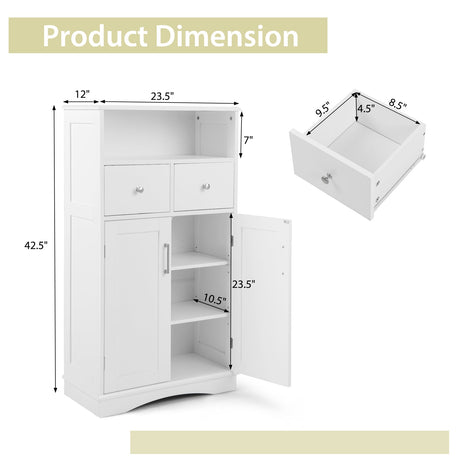Mueble de baño de suelo independiente de 2 puertas con 2 cajones y estantes ajustables - Blanco