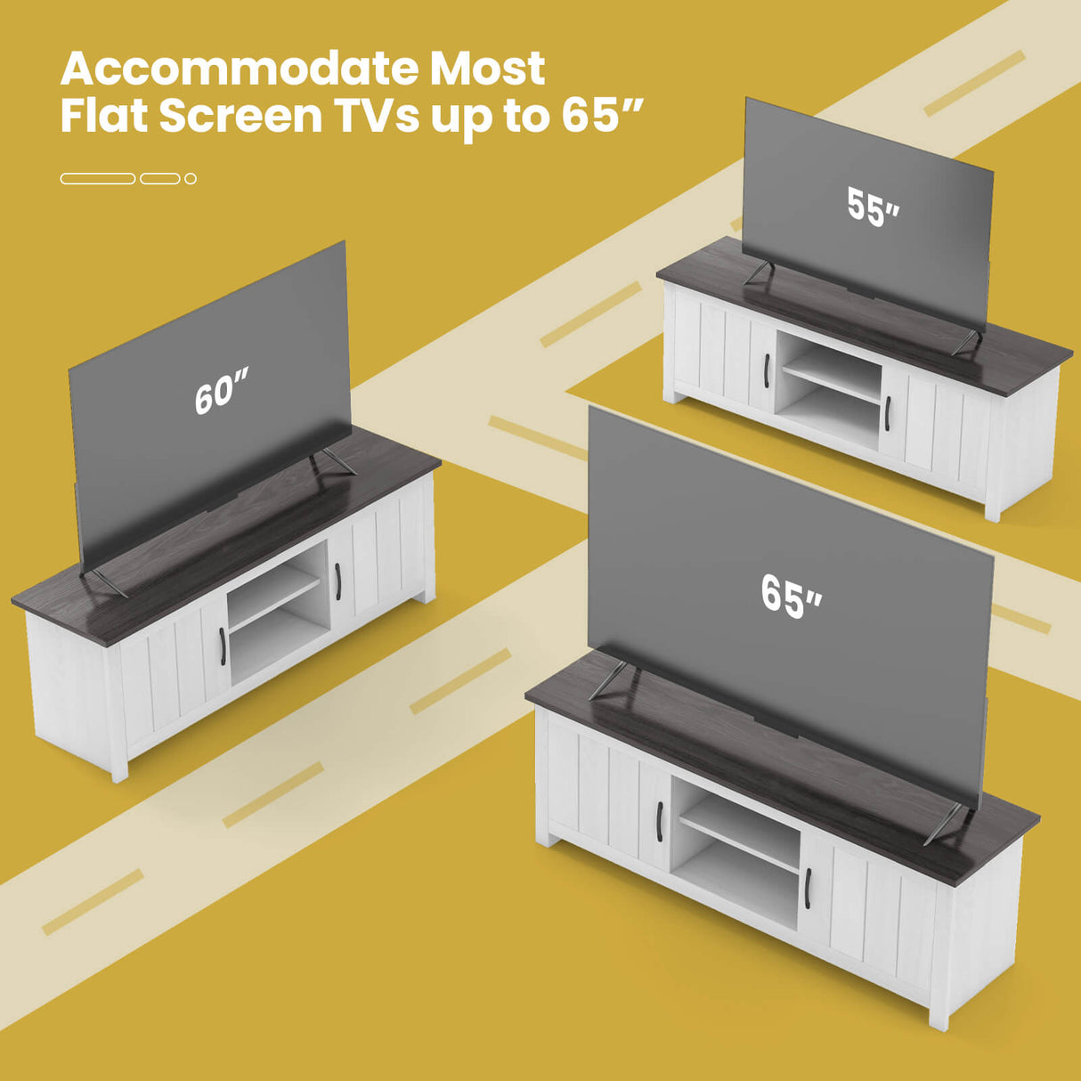 Mueble para TV con 2 armarios y estantes abiertos, para televisores de hasta 65 pulgadas