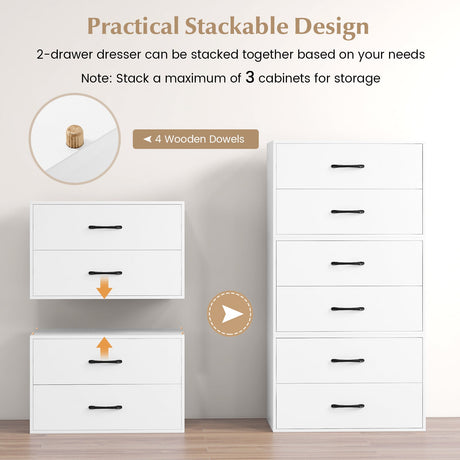 Cómoda de Almacenamiento Horizontal Apilable de 2 Cajones con Asas