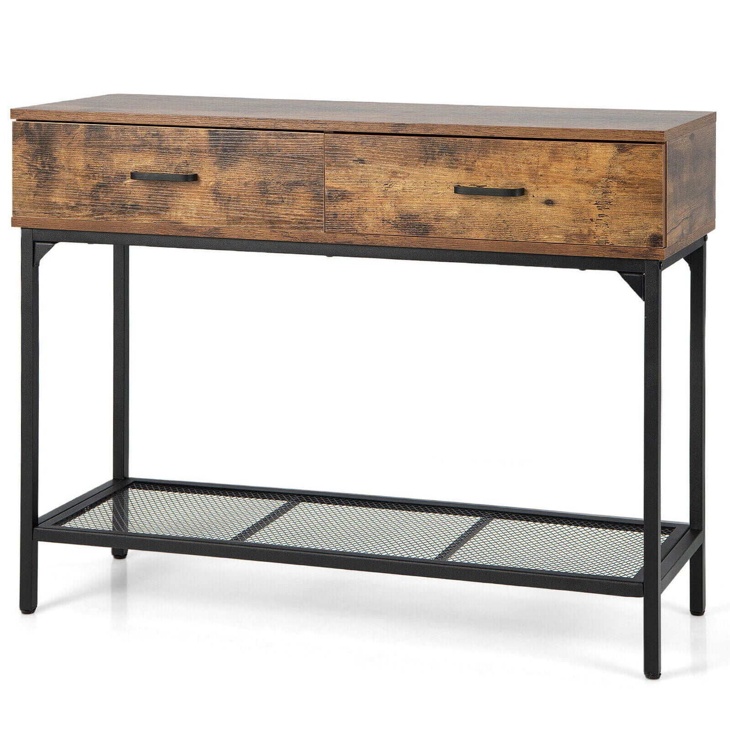 Mesa consola industrial con 2 cajones y marco de acero para espacios pequeños - Marrón rústico