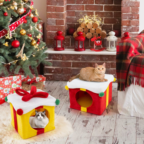 Casa para gato con forma de caja de regalo de Navidad, con lazo, multicolor, 2 unidades