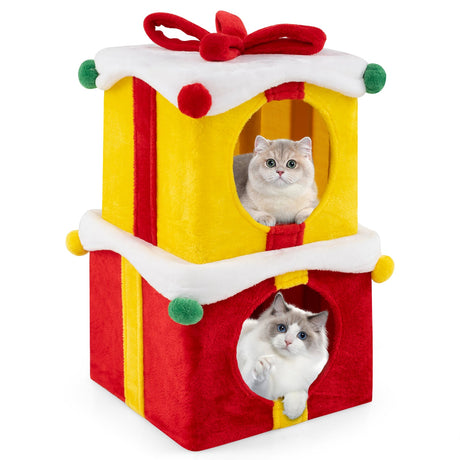 Casa para gato con forma de caja de regalo de Navidad, con lazo, multicolor, 2 unidades
