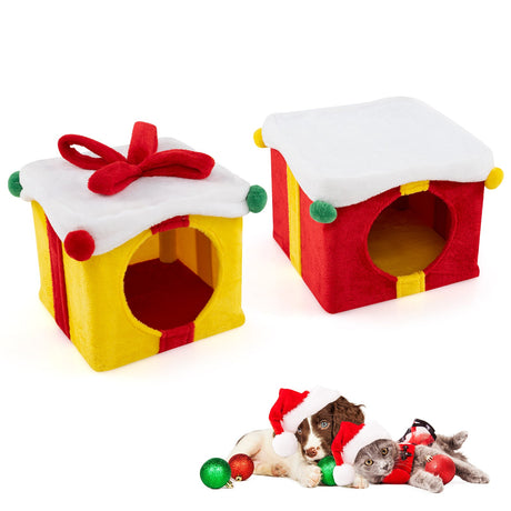 Casa para gato con forma de caja de regalo de Navidad, con lazo, multicolor, 2 unidades