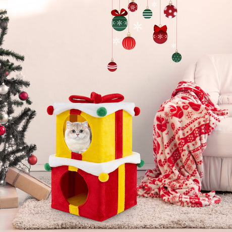 Casa para gato con forma de caja de regalo de Navidad, con lazo, multicolor, 2 unidades