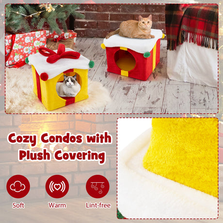 Casa para gato con forma de caja de regalo de Navidad, con lazo, multicolor, 2 unidades