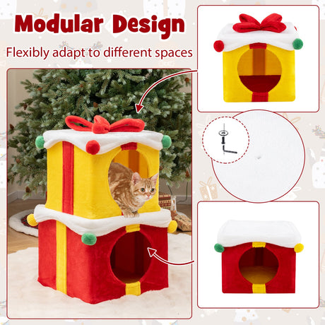 Casa para gato con forma de caja de regalo de Navidad, con lazo, multicolor, 2 unidades