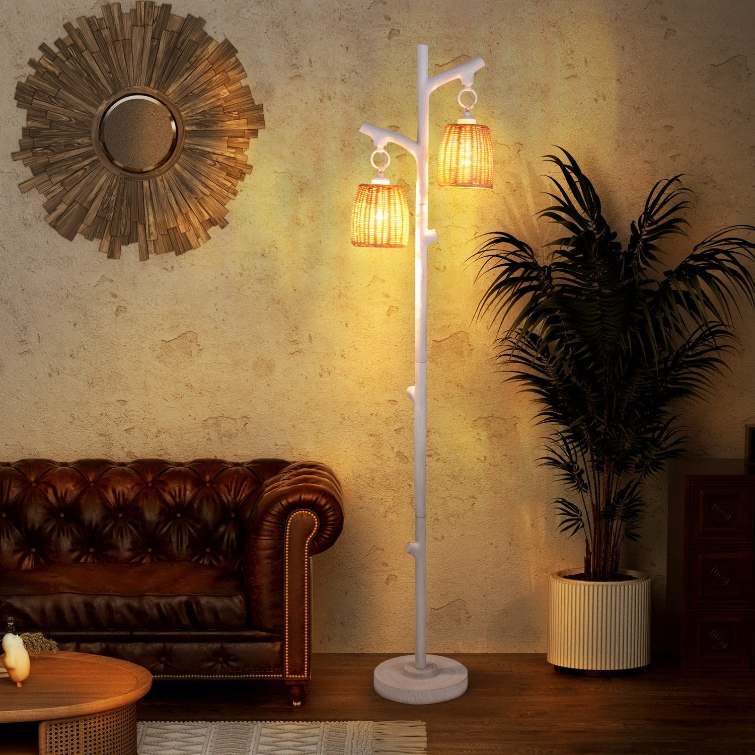 Lámparas Tronco de Árbol de 2 Luces con Pantalla de Mimbre-Blanco