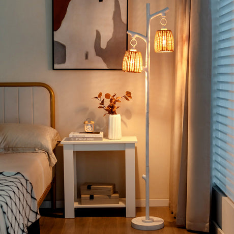 Lámparas Tronco de Árbol de 2 Luces con Pantalla de Mimbre-Blanco