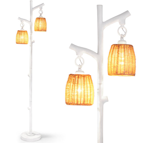 Lámparas Tronco de Árbol de 2 Luces con Pantalla de Mimbre-Blanco