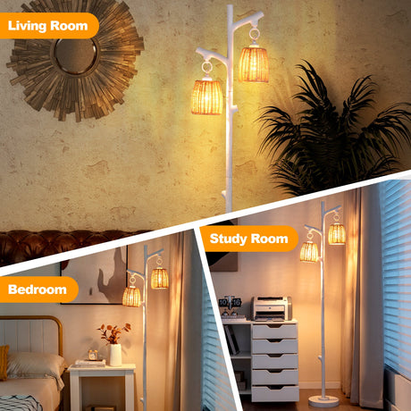 Lámparas Tronco de Árbol de 2 Luces con Pantalla de Mimbre-Blanco