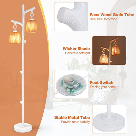Lámparas Tronco de Árbol de 2 Luces con Pantalla de Mimbre-Blanco