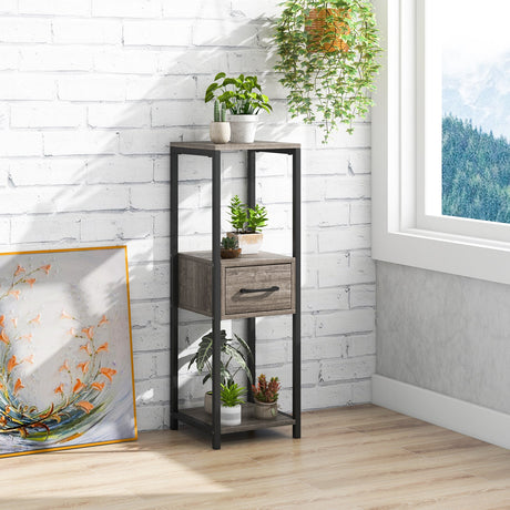 Paquete de 2 soportes de metal altos de 3 niveles para plantas con cajón y estante de exhibición - Gris