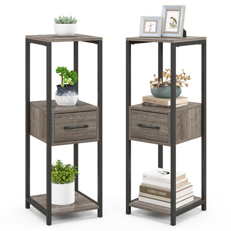 Paquete de 2 soportes de metal altos de 3 niveles para plantas con cajón y estante de exhibición - Gris