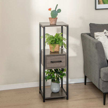 Paquete de 2 soportes de metal altos de 3 niveles para plantas con cajón y estante de exhibición - Gris