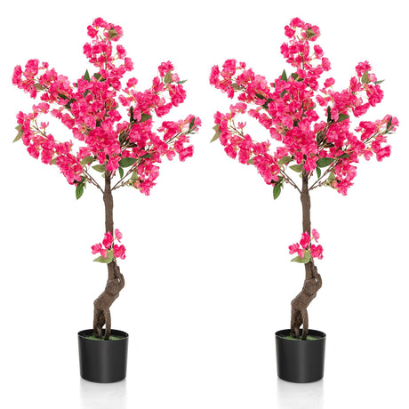 Paquete de 2 árboles artificiales de flor de ciruelo de 41 pulgadas, planta floral falsa con 92 flores - Rojo