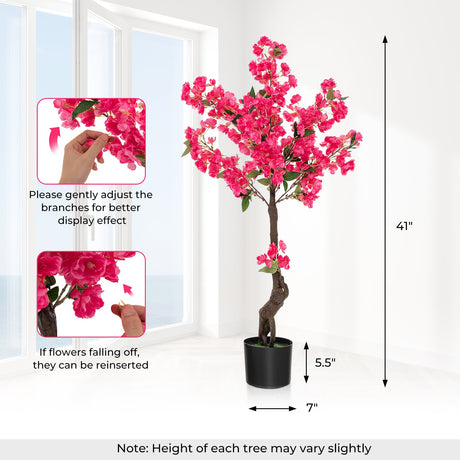 Paquete de 2 árboles artificiales de flor de ciruelo de 41 pulgadas, planta floral falsa con 92 flores - Rojo