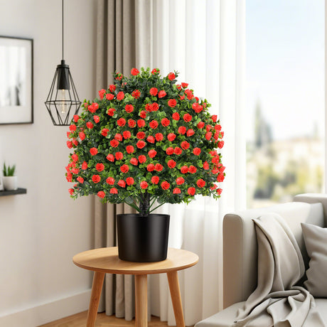 Paquete de 2 árboles de topiario de rosas artificiales, arbustos falsos con flores, rojos