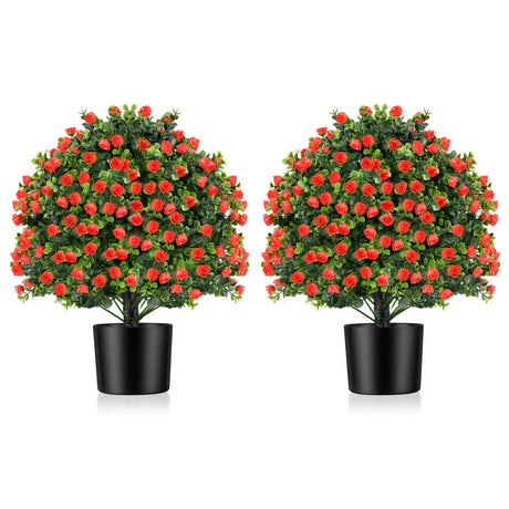 Paquete de 2 árboles de topiario de rosas artificiales, arbustos falsos con flores, rojos