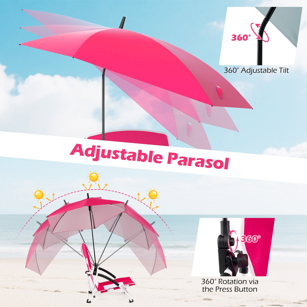Sillas de playa con sombrilla para adultos (paquete de 2) con sombrilla ajustable