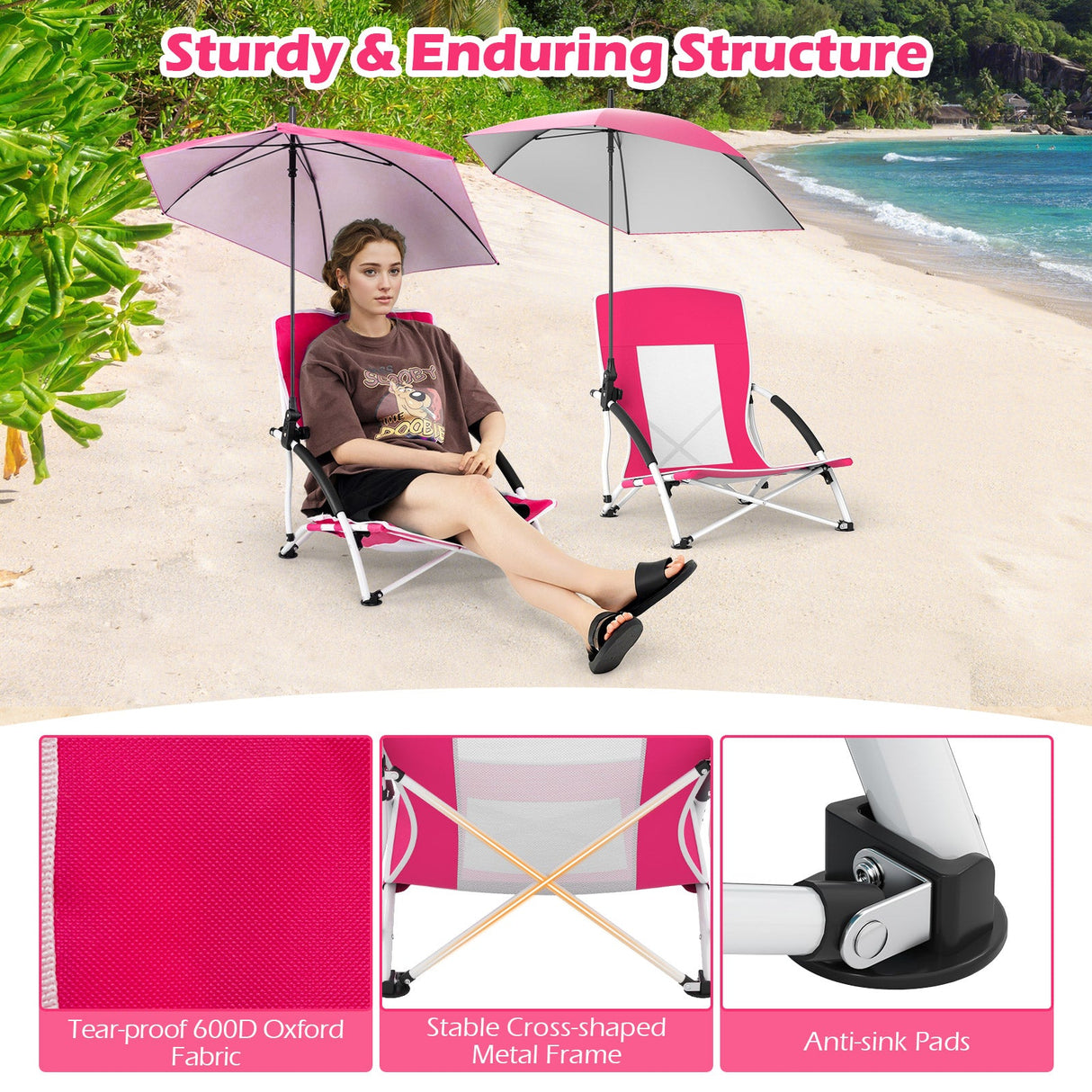 Sillas de playa con sombrilla para adultos (paquete de 2) con sombrilla ajustable