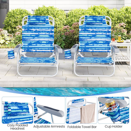 Paquete de 2 sillas de playa plegables con posiciones ajustables y almohada para la cabeza