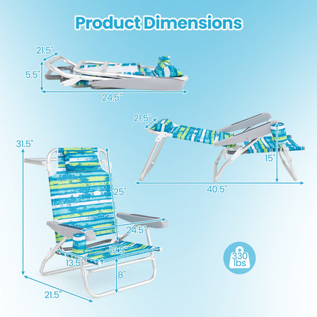 Paquete de 2 sillas de playa plegables con posiciones ajustables y almohada para la cabeza