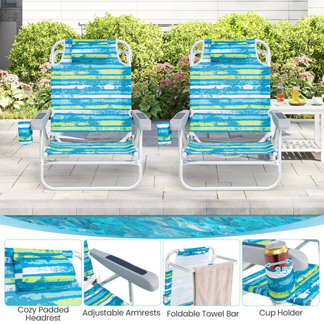 Paquete de 2 sillas de playa plegables con posiciones ajustables y almohada para la cabeza