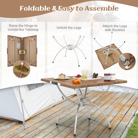 Mesa Plegable de Camping (Paquete de 2) con Tablero de Madera para Senderismo/Fiestas - Natural