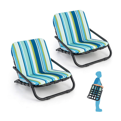 2 sillas de playa plegables bajas para adultos con cojín - Azul
