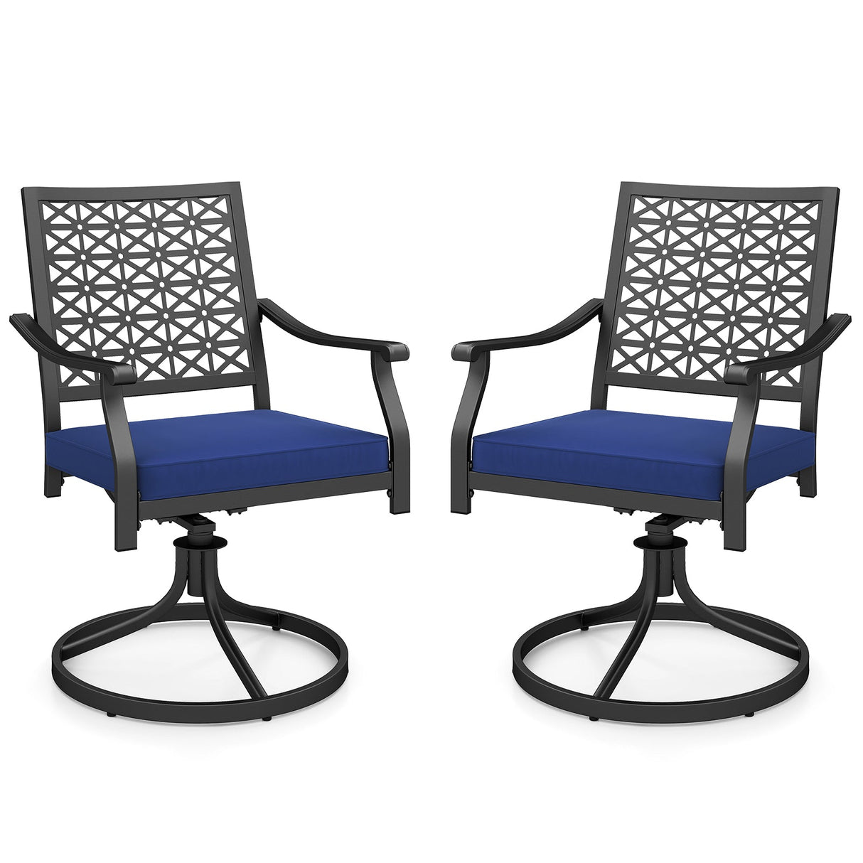 2 Pack Swivel Outdoor Chairs with Soft Cushions and Round Steel Base-Navy