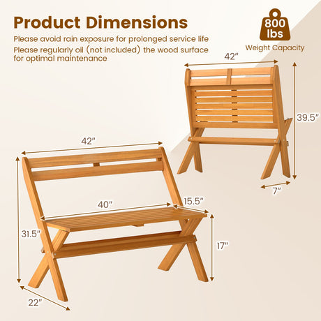 Banco de jardín para patio de madera de acacia para 2 personas con capacidad de 800 lb