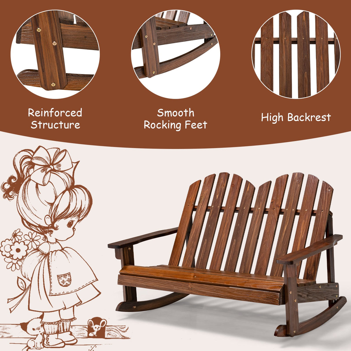 Mecedora Adirondack para 2 personas con asiento de listones