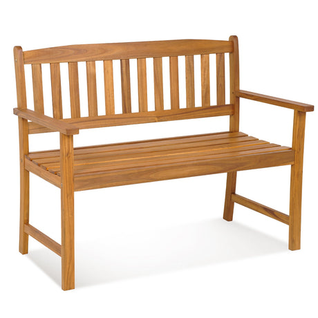 Banco de patio de madera de acacia para 2 personas con respaldo y reposabrazos
