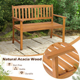 Banco de patio de madera de acacia para 2 personas con respaldo y reposabrazos