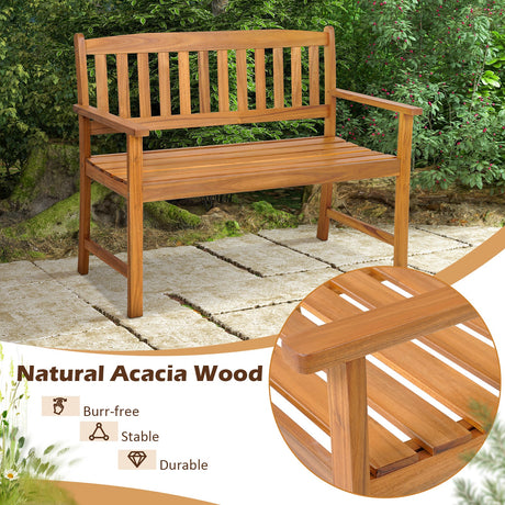 Banco de patio de madera de acacia para 2 personas con respaldo y reposabrazos