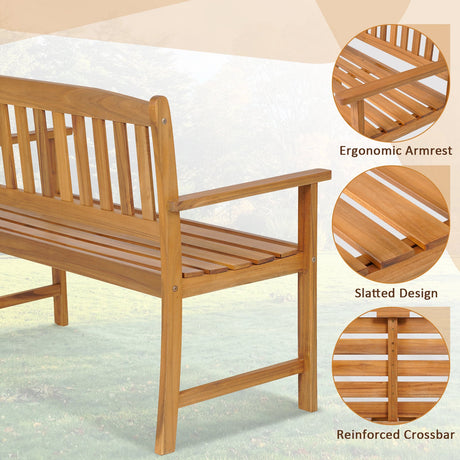 Banco de patio de madera de acacia para 2 personas con respaldo y reposabrazos
